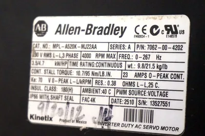 ALLEN BRADLEY MPL-A520K-MJ22AA SERIES A SERVO MOTOR 3 PHASE, 4000RPM