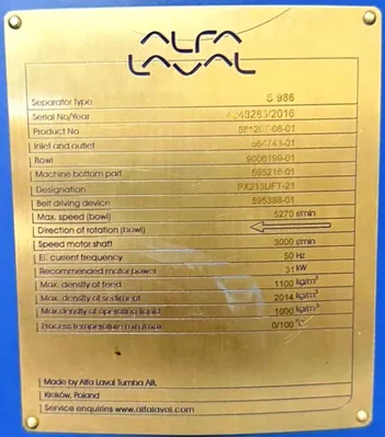 (2) Alfa-Laval S-986 heavy fuel oil purifier skids, 316SS.