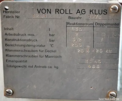 Used Von Roll 630L Glass-Lined Pressure Tank – 166 Gallon, Horizontal, 2 Bar Rating