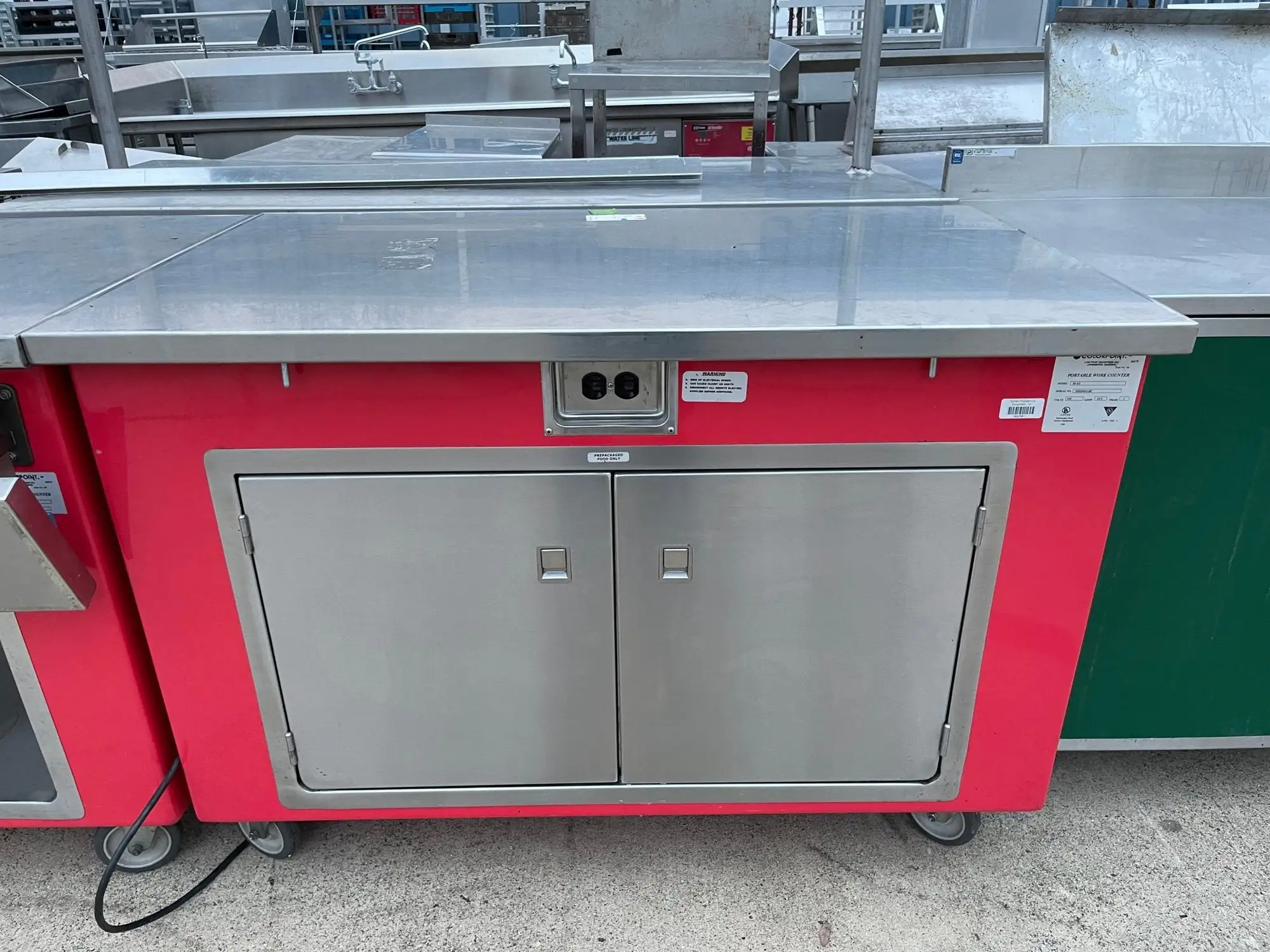 Used ColorPoint Used Color Point 50"x30" Stainless Steel Portable Work Counter With Outlets 120V Food Prep Tables Illinois US | Falcon Restaurant Supply #1376440