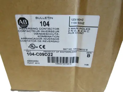 ALLEN BRADLEY 104-C09D22 REVERSING CONTACTOR SERIES B 100-C09D22 NEW, SURPLUS