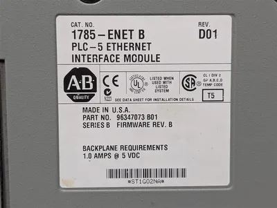 Allen Bradley 1785-ENET/B PLC-5 Ethernet Interface Module Rev. D01 F/W B Used