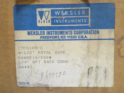 Weksler Instruments 05-C 4-1/2" Royal Gauge 0 - 100 PSIG AA442 1/4" NPT Back New