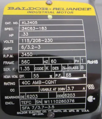 NEW BALDOR KL3405 MOTOR .33HP 115/208-230V 3450RPM 56C
