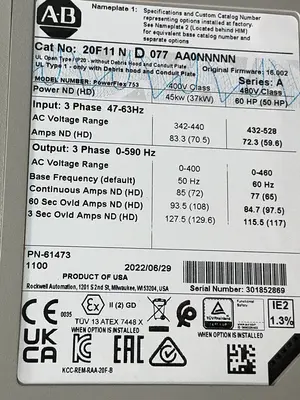 Used 2022 ALLENBRADLEY 20F11N D 077 AA0NNNN Variable Speed Drives Ohio US | HGR 24 #1545364