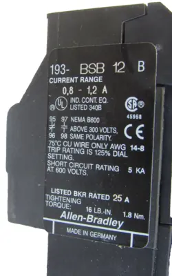 ALLEN BRADLEY 193-BSB-12 OVERLOAD RELAY SER. B 193BSB12 NEW, SURPLUS