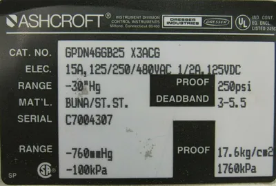 NEW ASHCROFT GPDN4GGB25-X3ACG PRESSURE SWITCH -30"HG GPDN4GGB25X3ACG