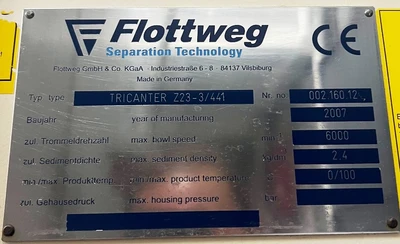 Flottweg Z23-3/441 sanitary tricanter centrifuge, 316SS.
