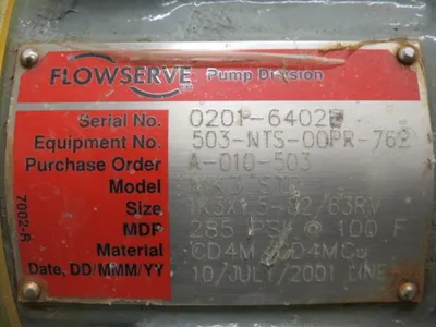 Durco pump model MK3 STD size 1K3x1.5-82/63RV with base and 575v motor, material CD4M