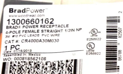 NEW BRAD CONNECTIVITY 1300660162 POWER RECEPTACLE 4-POLE FEMALE 1/2" PVC WIRE
