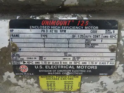 US Motors Unimount 125 AC Motor 10Hp 1750 RPM 230/460V 3PH 215T Frame