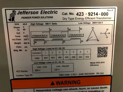 New 45 KVA Transformer 480 Delta 208Y/120 Jefferson 423-9214-000 FREE SHIPPING