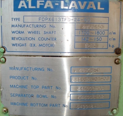 Alfa-Laval FOPX 613 TGD-24-60 oil purifier, SS.