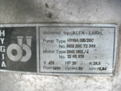 720 LPM Alfa laval S/S Centrifugal Type HYGIA S111 15 kW pump