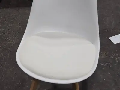 Mid-Century Modern Dining Chair with White Plastic Shell Seat , White Faux Leather Cushion and Beech Wood Legs