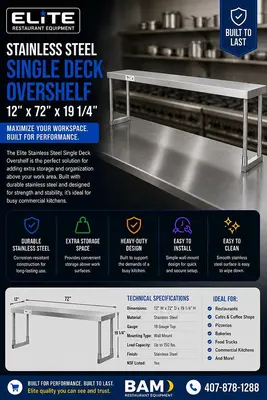 Elite Stainless Steel Single Deck Overshelf - 12" x 72" x 19 1/4"