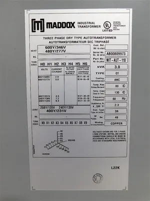 Maddox MIT-AUT-110 Industrial Transformer 600Y/346V 480Y/277V 3.0kVA New