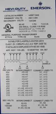 NEW EMERSON HS5F7.5AS TRANSFORMER 240x480V 120/240V 7.5KVA