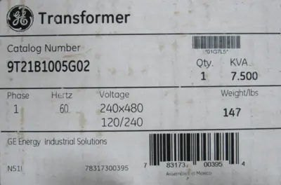 NEW GE 9T21B1005G02 TRANSFORMER 240X480V 120/240V