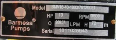 NEW BARMESA PUMPS BMV16-40-1003/70120051 COOLANT PUMP 10HP BMV164010037012005