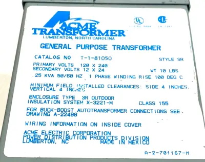 USED ACME ELECTRIC T-1-81050 GENERAL PURPOSE TRANSFORMER T181050