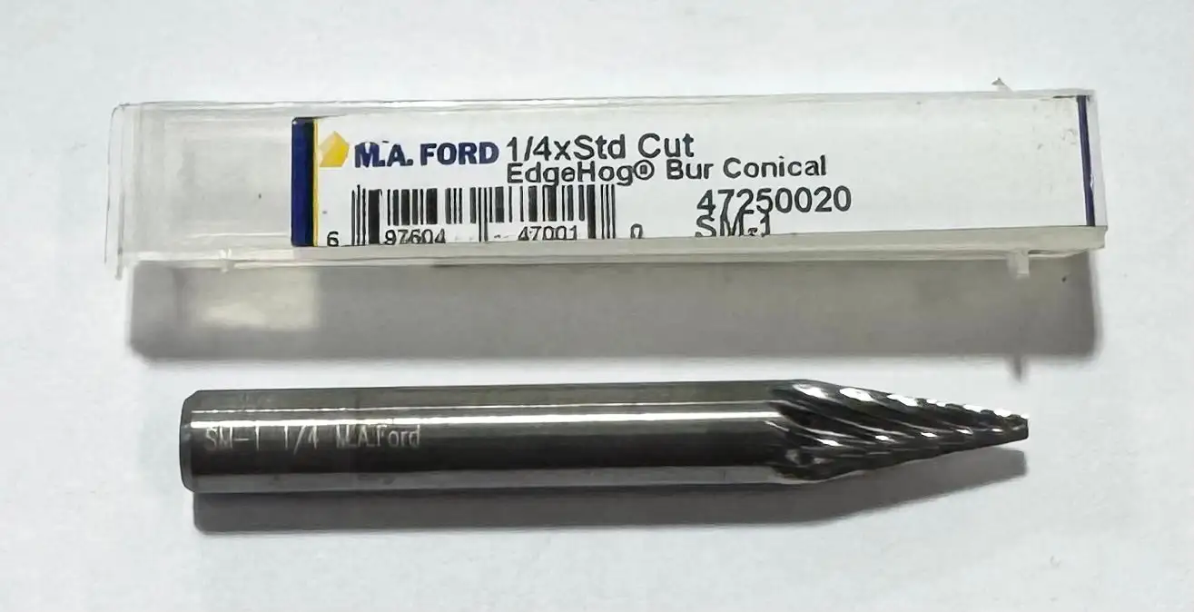 M.A. Ford 1/4" Conical Carbide Burr, Cone Shape, Single Cut, 1/4" Shank USA Made