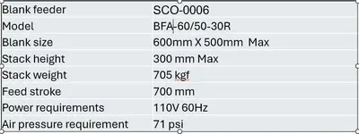 23.6" X 19.6" AIDA MODEL #BFA-60/50-30R AUTOMATIC BLANK FEEDER FOR PRESS LINE: STOCK #22204