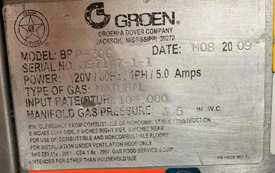 72-0262 Groen P-30G Braising Pan