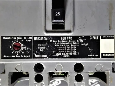 Westinghouse HFB3190ML Circuit Breaker 25 Amps 600VAC 4994D96G24 Used