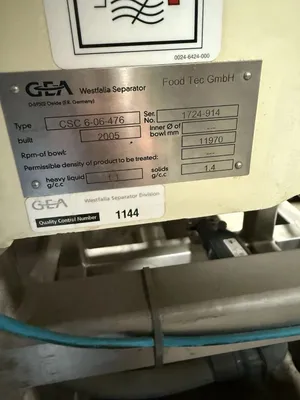 Westfalia CSC 6-06-476 hydro-hermetic clarifier skid, 316L SS.