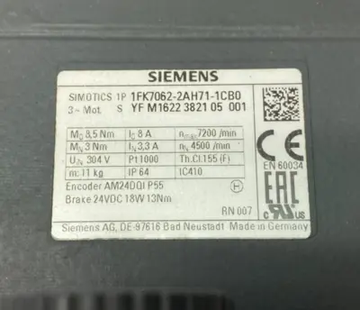 USED SIEMENS SIMOTICS S SYNCHRONOUS MOTOR 1FK7-CT PN=1.4 KW