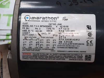 MARATHON ELECTRIC J048 - 56T34D5367D JET PUMP MOTOR 3PHASE 1/2-1/3HP 3450RPM 60Hz