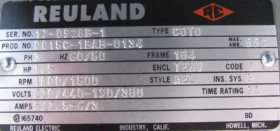 NEW REULAND 0015C-1BAB-0134 MOTOR 1.5HP 220/240-190/380 OLDA-G17N42-00 C0T0 15B4