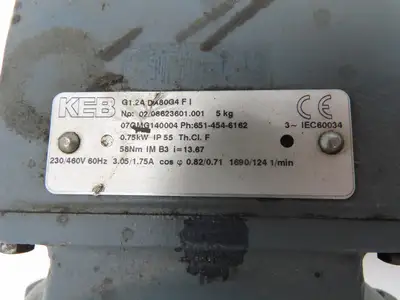 KEB G1.2B DA80G4 FI Inline Gearmotor 13.67:1 Reducer 1690/124rpm .75Kw 230/460V