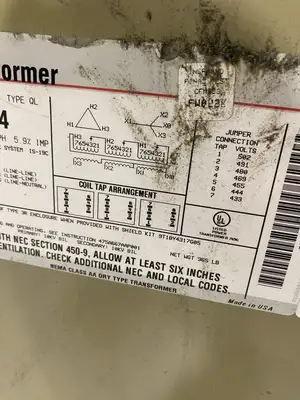 9T23B3864 | GE Transformer  Type QL 50.0 kVA 60Hz 3 PH 5.9% 1MP 480V-208/120V - Used