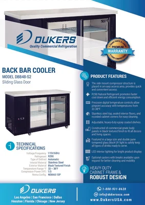 New | in-Stock Dukers New Dukers DBB48-S2 2-Door Bar and Beverage Cooler (Sliding Doors) Bottle Coolers Illinois US | Falcon Restaurant Supply #1376271