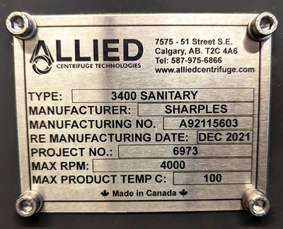 Sharples P3400 sanitary decanter centrifuge, 316SS.
