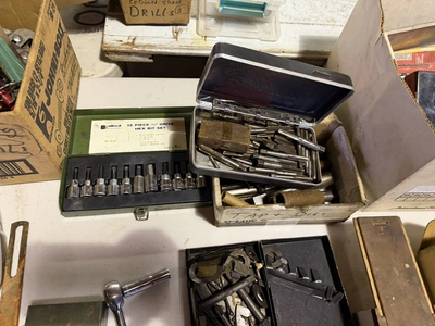 Large lot of assorted hand tools, includes saws, wrenches, sockets, drill bits, Allen extensions, pl...
