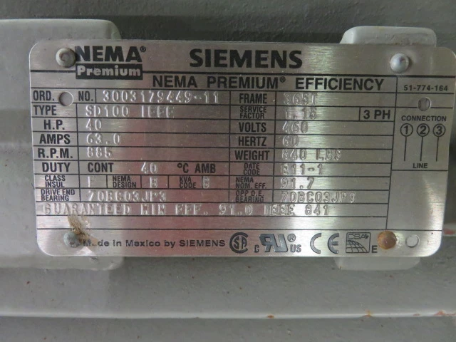 40 hp Siemens NEMA Premium Efficiency AC Motor , 885 rpm 460 volts Unused Condition