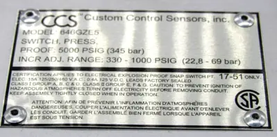 NEW CUSTOM CONTROL SENSORS 646GZE5 PRESSURE SWITCH