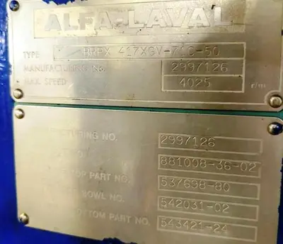 Alfa-Laval BRPX 417 XGV-71C-50 concentrator centrifuge, 316SS.