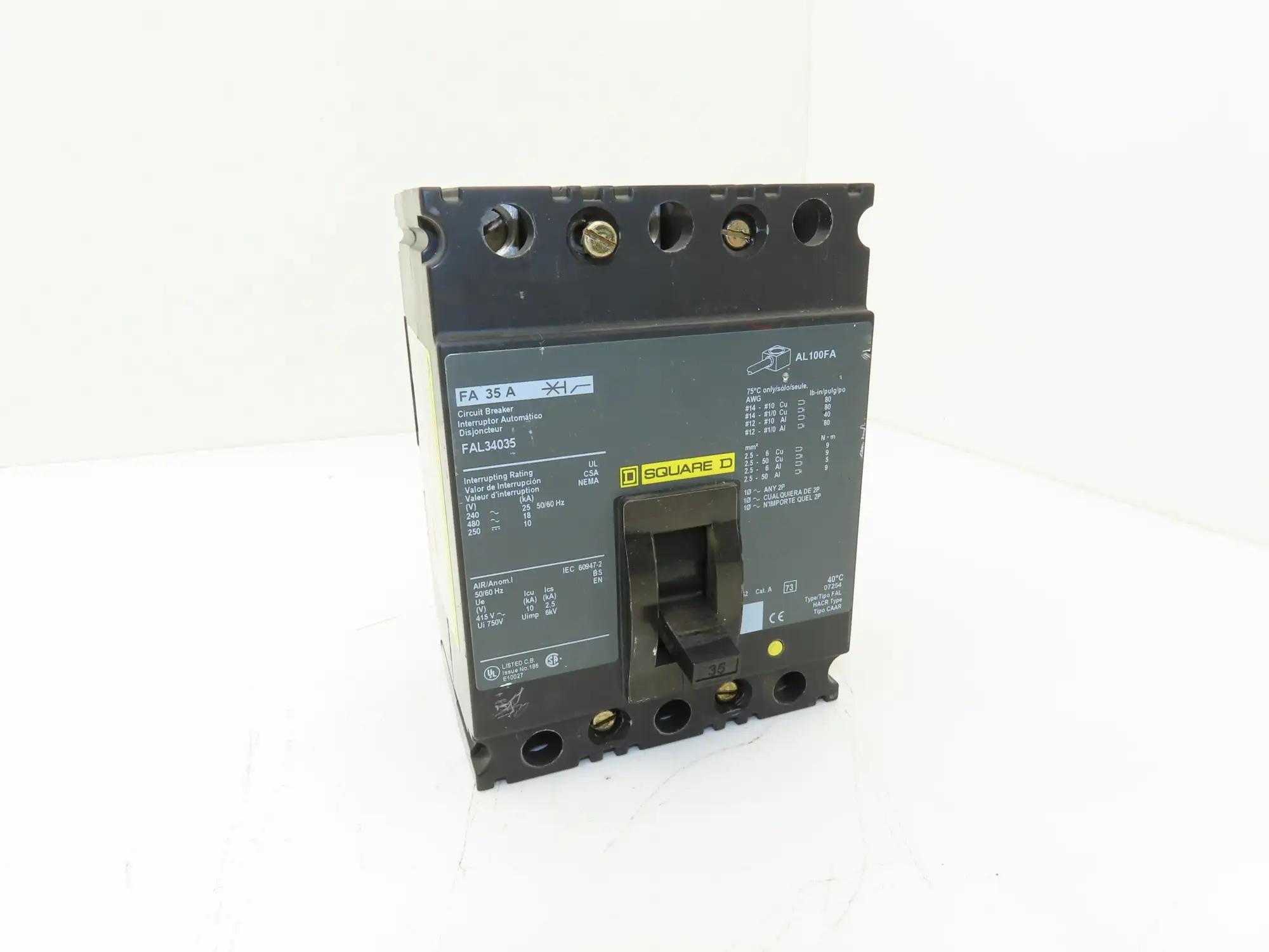 Square D FAL34035 3 Pole Circuit Breaker 35A 600V 3PH Gray Face Molded Case