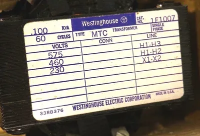 NEW WESTINGHOUSE 1F1007 TYPE MTC TRANSFORMER .100 KVA, 60 CYCLES