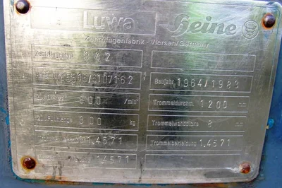 Luwa-Heine 342 gastight perforate basket centrifuge, 316SS.