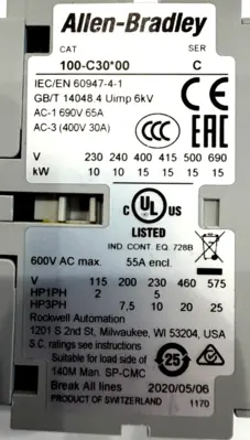 ALLEN BRADLEY 100-C30KF00 CONTACTOR SER.C 100C30KF00 NEW, SURPLUS