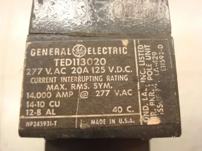 General Electric TED113020 Circuit Breaker 20 Amps 277 VAC 1 Pole Used