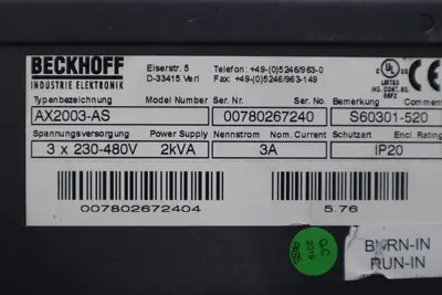 Beckhoff AX2003-AS S60301-520 Digital Compact Servo Drive Amplifier STK 3448-D