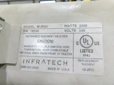 Infratech Infrared Curing System Drying Light Tunnel System 36000W 150A 240V