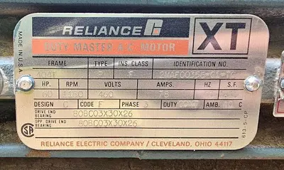 60 Hp Reliance XT Duty Master A.C. Motor 1185 RPM 404T Frame
