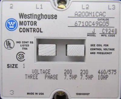 NEW WESTINGHOUSE A200J1CAC NON REVERSING STARTER SIZE 1 10HP 120V COIL A200M1CAC